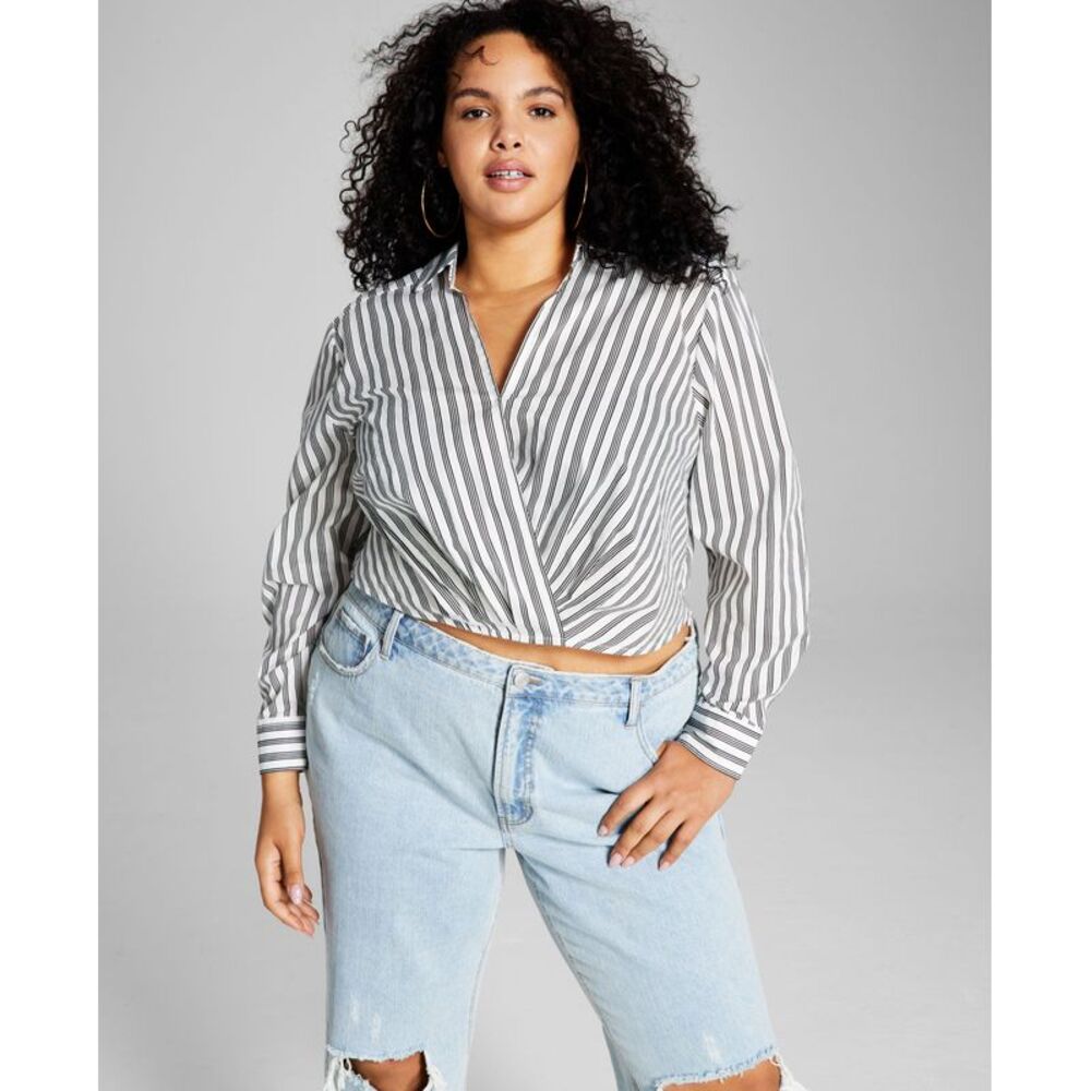 And Now This Now This Trendy Plus Size Faux Wrap Poplin Shirt